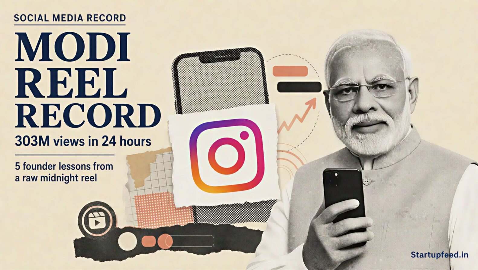Modi Reel Record visual with Narendra Modi in halftone beside the Instagram logo and viral engagement motifs