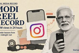 Modi Reel Record visual with Narendra Modi in halftone beside the Instagram logo and viral engagement motifs