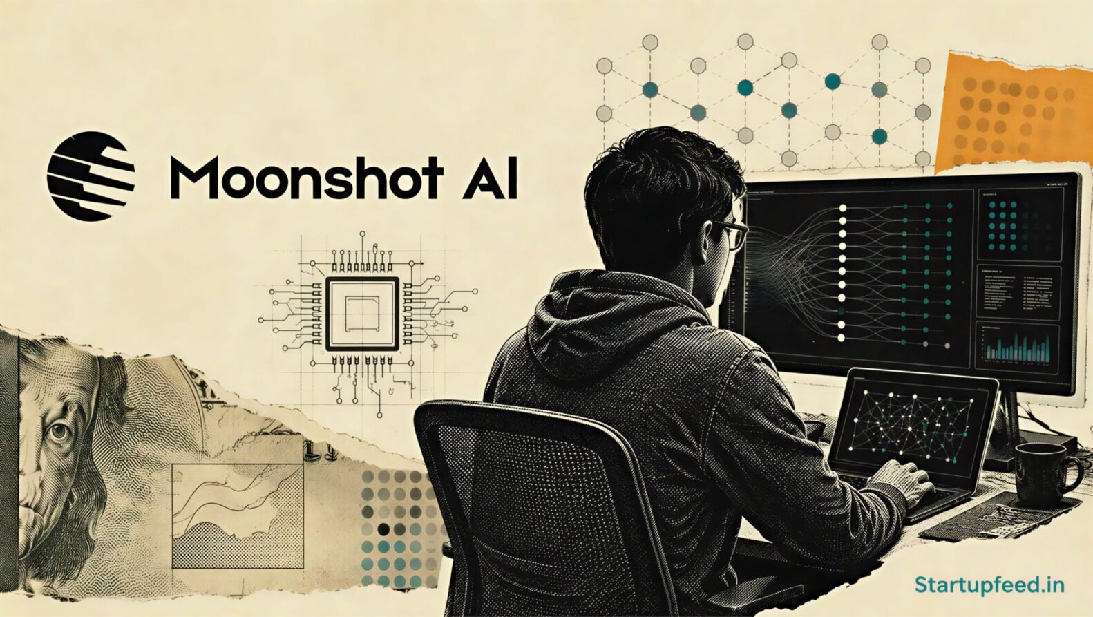 Kimi K3 open-weight model visualised through a halftone developer workstation beside Moonshot AI branding and circuit motifs