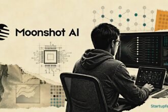 Kimi K3 open-weight model visualised through a halftone developer workstation beside Moonshot AI branding and circuit motifs