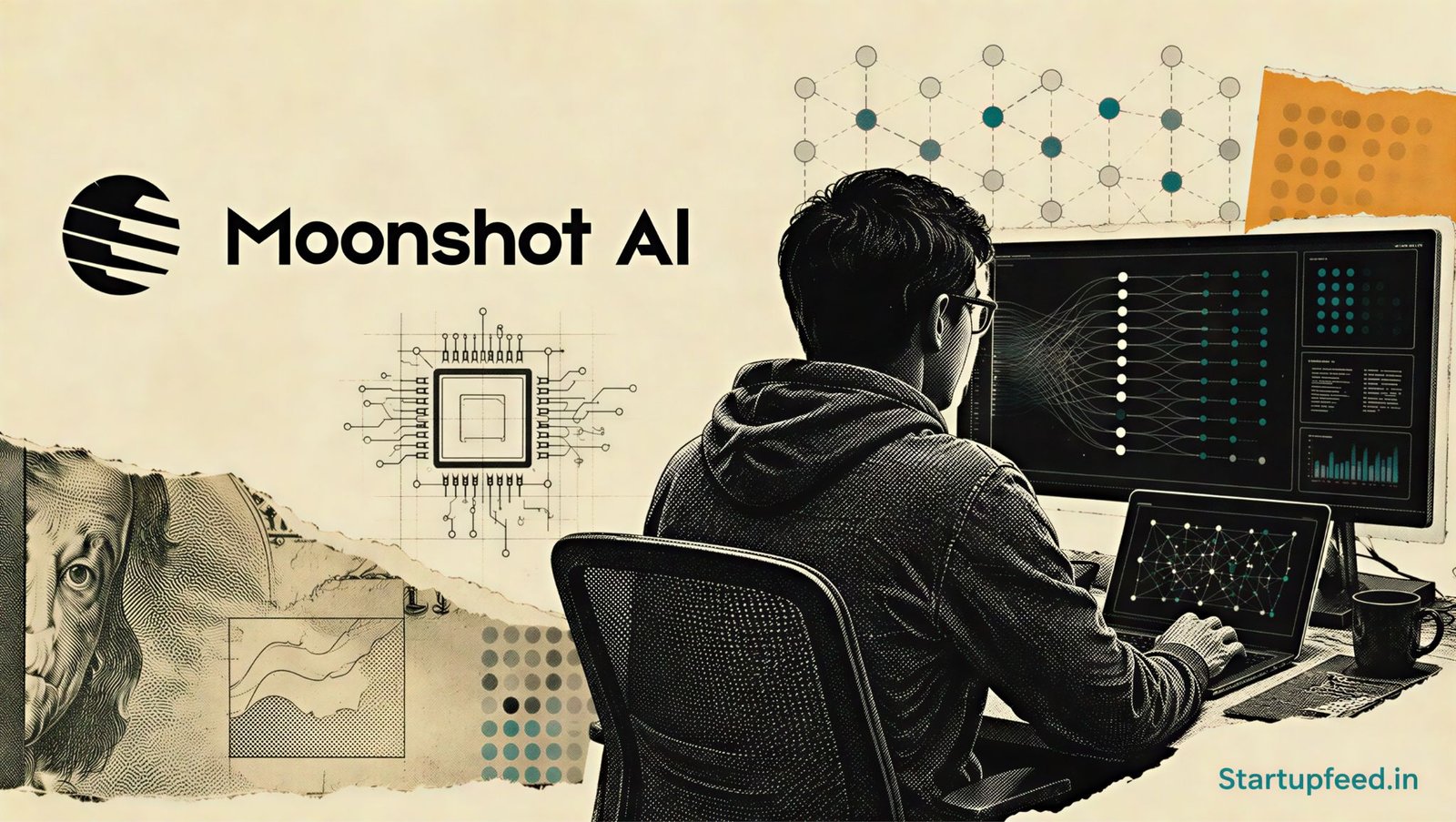 Kimi K3 open-weight model visualised through a halftone developer workstation beside Moonshot AI branding and circuit motifs