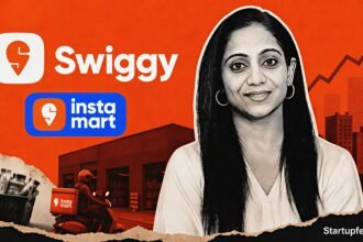 Nandita Sinha, new Instamart CEO, beside the Swiggy logo in an editorial collage marking the leadership transition ahead of FY27