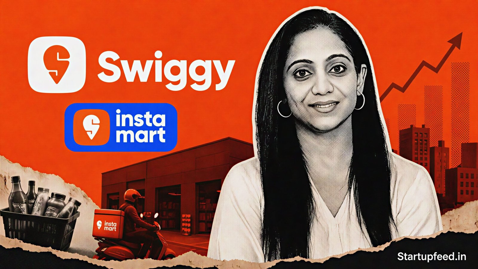 Nandita Sinha, new Instamart CEO, beside the Swiggy logo in an editorial collage marking the leadership transition ahead of FY27