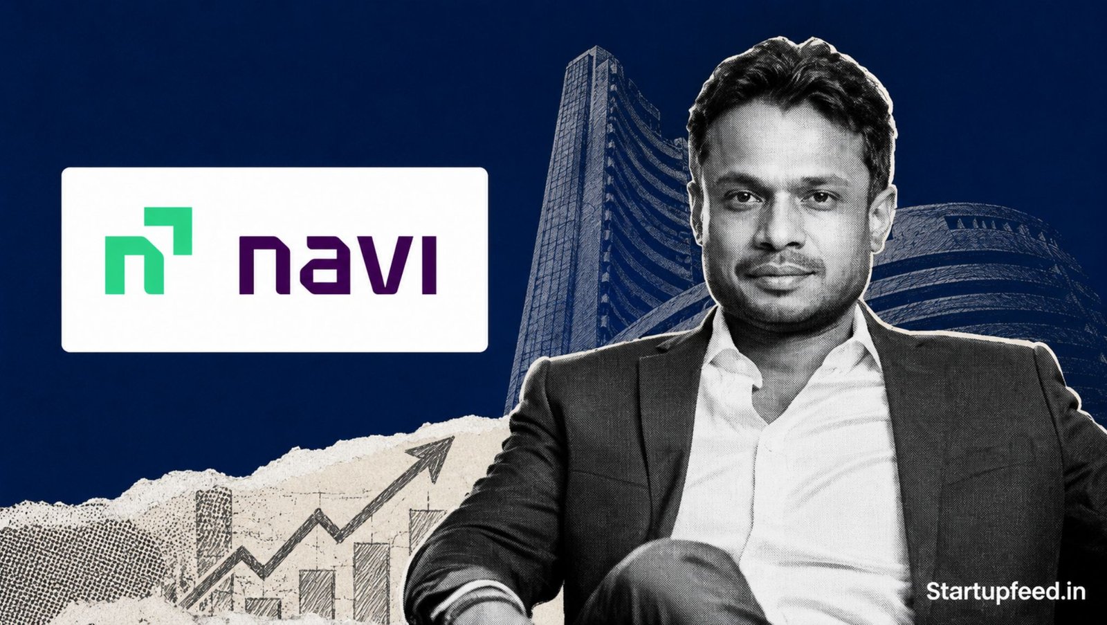 Navi IPO filing led by Sachin Bansal with Navi logo and market-listing collage