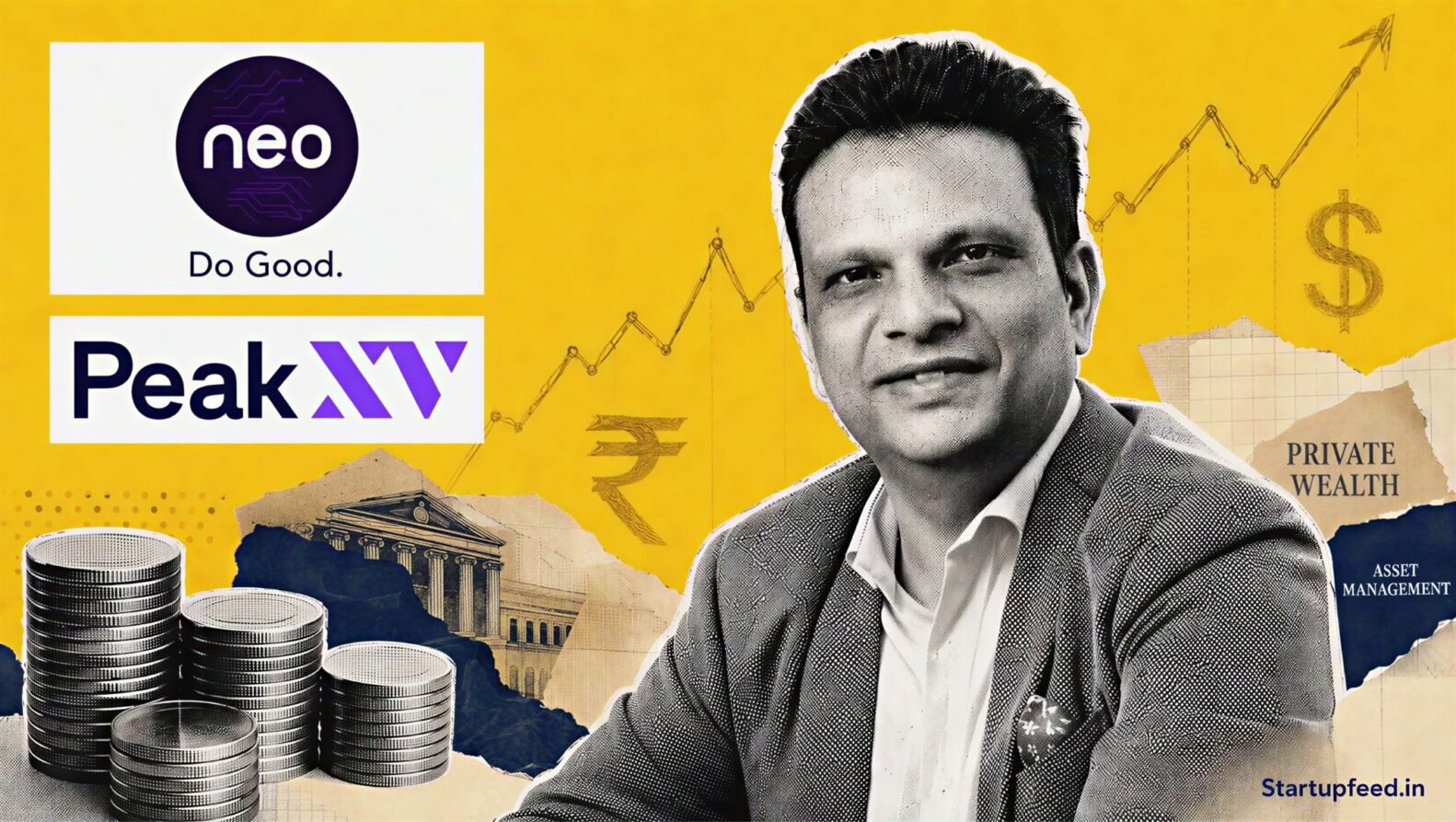 Neo Group funding scene with Nitin Jain, official company and Peak XV logos, coins and wealth-management chart motifs