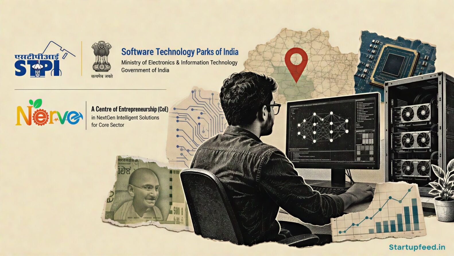 NERVE CoE Open Challenge scene with STPI logo, AI workstation, GPU compute and Nagpur startup collage