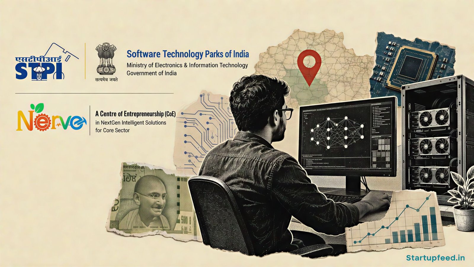 NERVE CoE Open Challenge scene with STPI logo, AI workstation, GPU compute and Nagpur startup collage