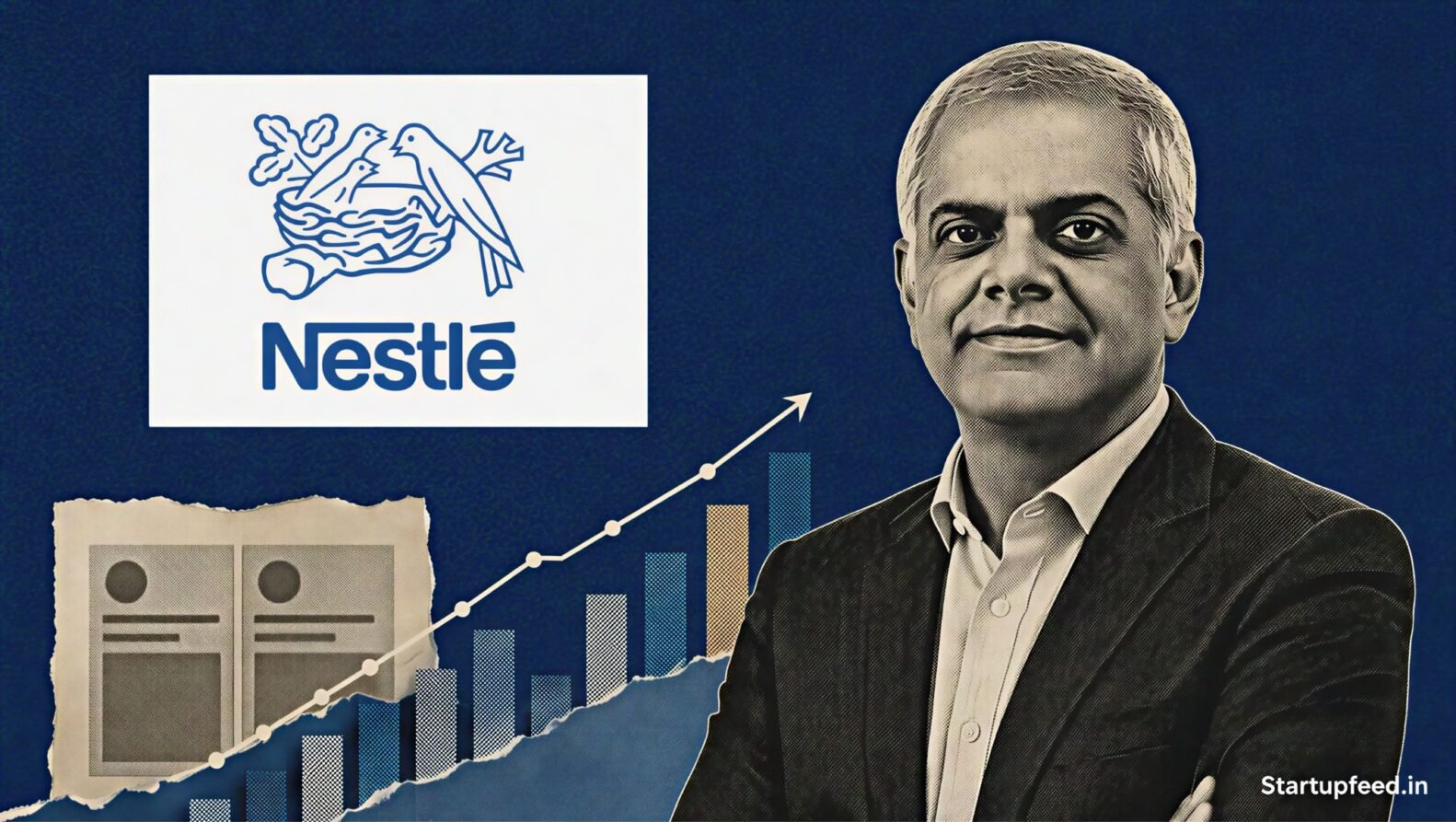 Nestle India Q1 results visual with Chairman Manish Tiwary beside abstract profit and sales growth charts