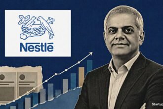 Nestle India Q1 results visual with Chairman Manish Tiwary beside abstract profit and sales growth charts