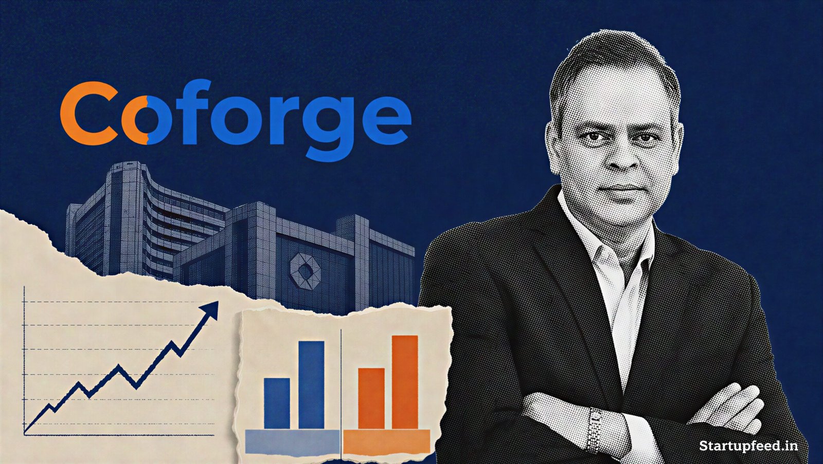 Coforge CEO Sudhir Singh beside the company logo as the Nifty IT index rallies on strong Q1FY27 results
