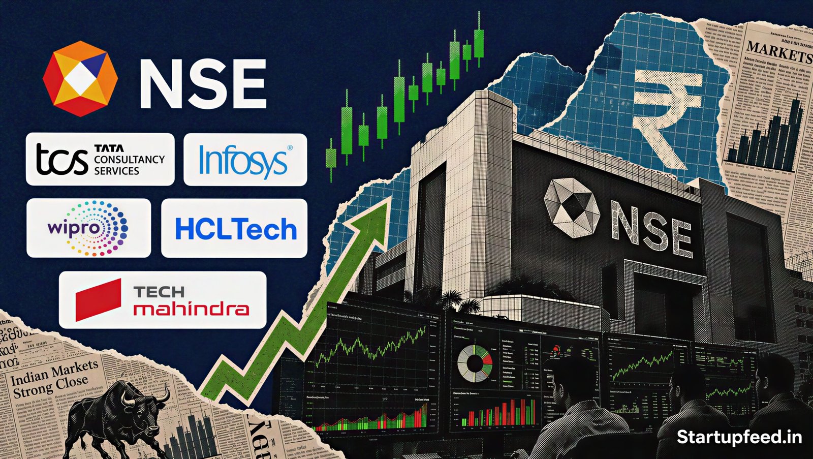 Nifty IT rally drives Indian stock market higher with NSE benchmark, software company logos and rising market graphics on July 29, 2026