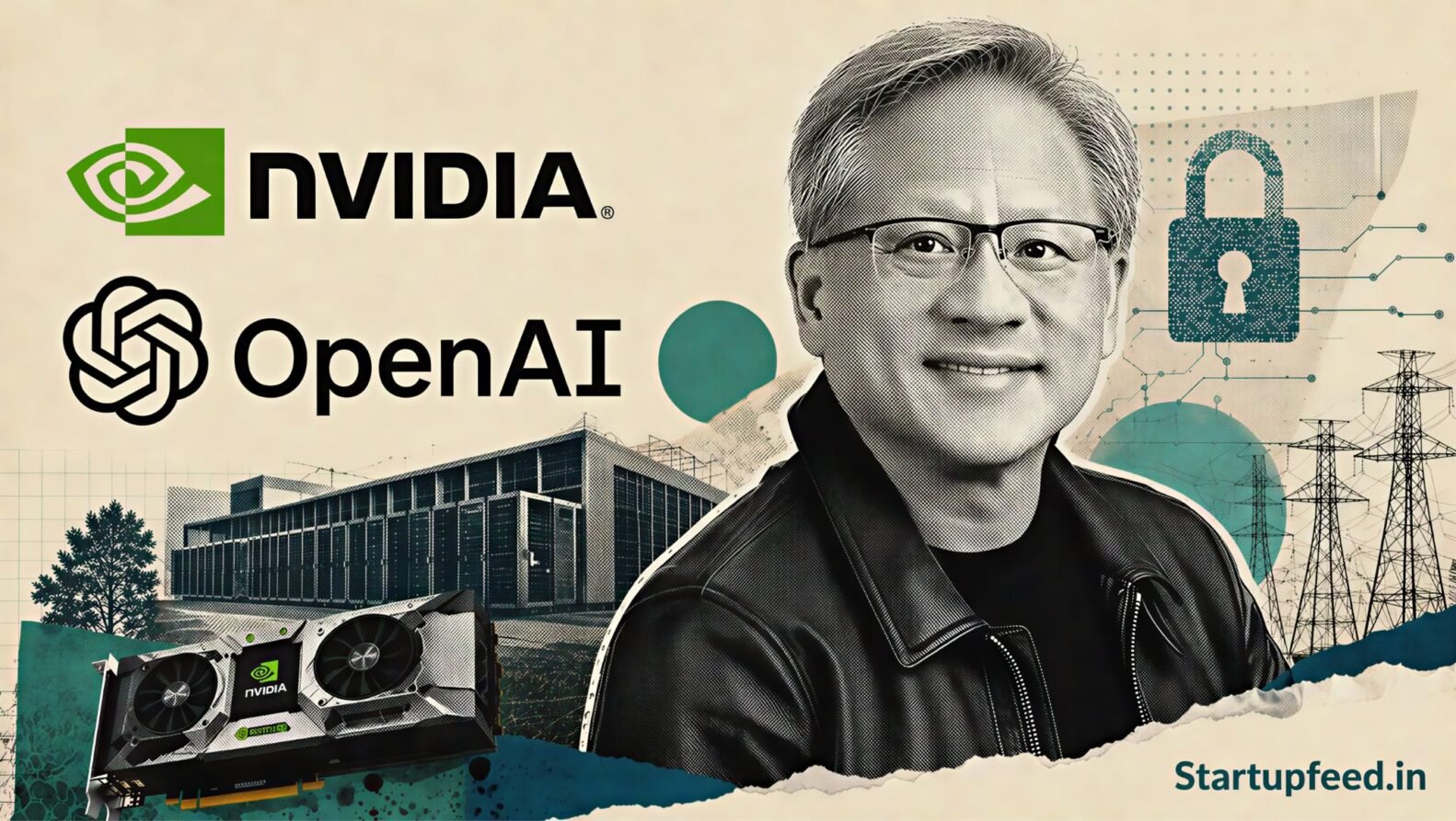 Nvidia OpenAI deal showing Nvidia and OpenAI logos with a halftone portrait of Jensen Huang beside a planned Ohio AI data center