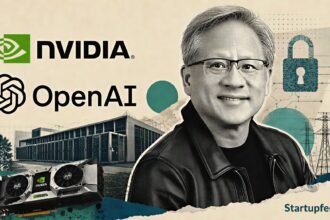 Nvidia OpenAI deal showing Nvidia and OpenAI logos with a halftone portrait of Jensen Huang beside a planned Ohio AI data center