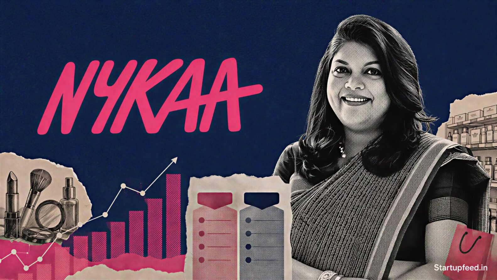 Nykaa Q1 revenue growth shown with Falguni Nayar portrait, Nykaa logo and abstract financial charts