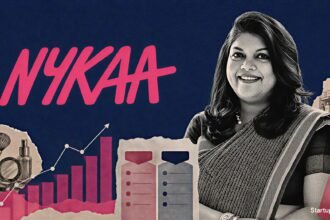Nykaa Q1 revenue growth shown with Falguni Nayar portrait, Nykaa logo and abstract financial charts