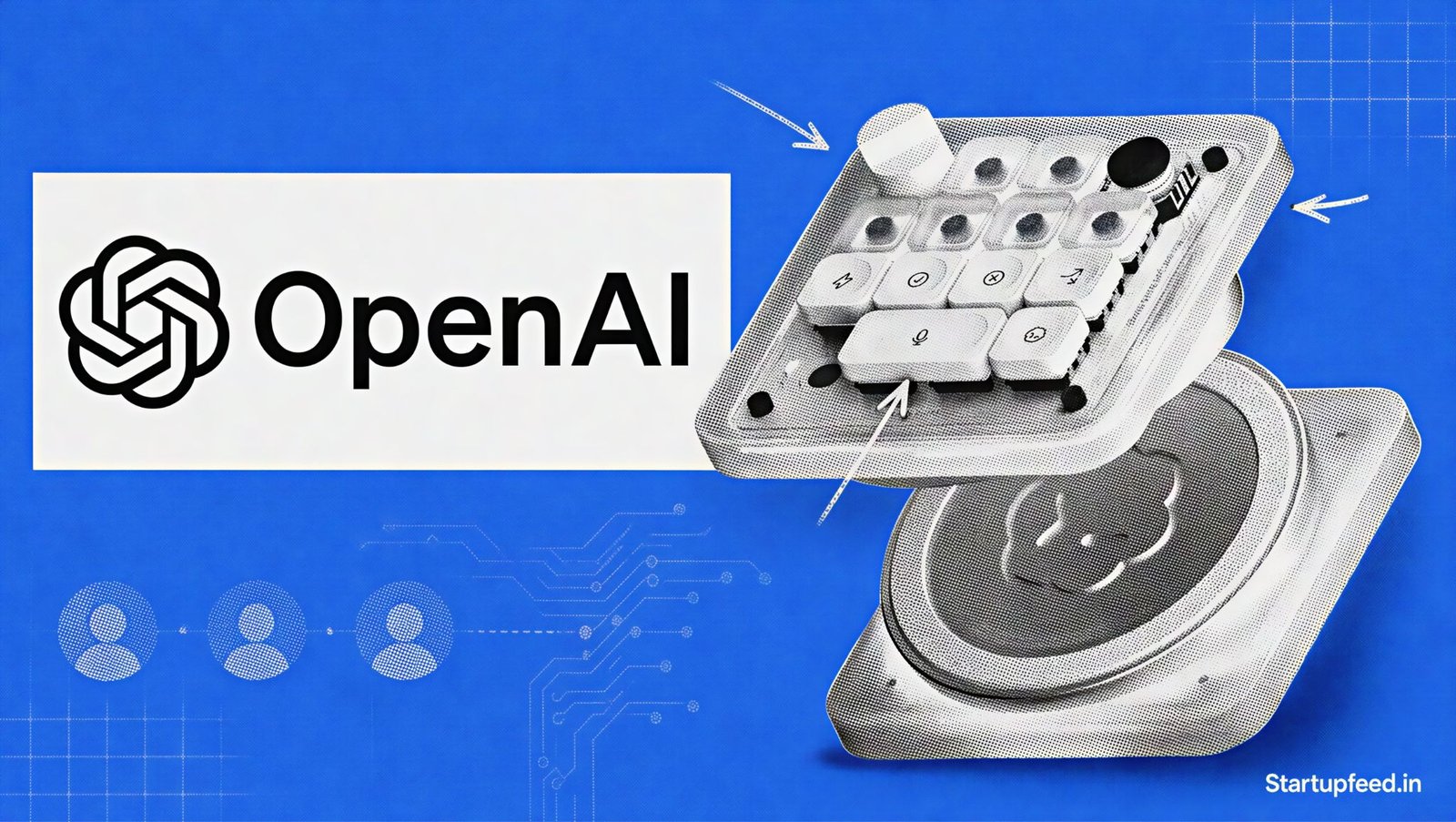 OpenAI Codex Micro launch visual with the branded macropad, OpenAI logo, joystick and reasoning dial on an electric blue background