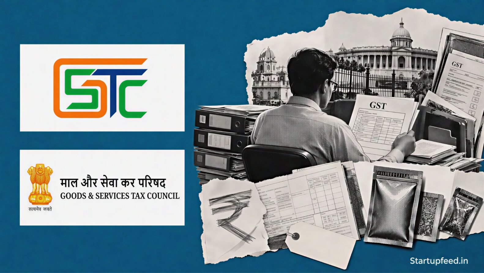 Pan masala business in India shown through GST Council logo, tax document fragments, and pouch-market collage