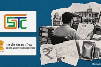 Pan masala business in India shown through GST Council logo, tax document fragments, and pouch-market collage