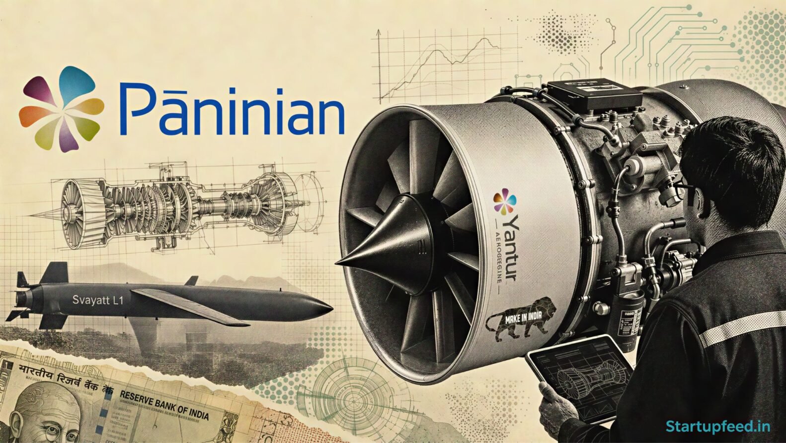 Yantur Turbofan Engine beside the Paninian India logo in a halftone aerospace propulsion collage
