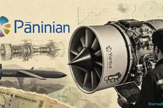 Yantur Turbofan Engine beside the Paninian India logo in a halftone aerospace propulsion collage