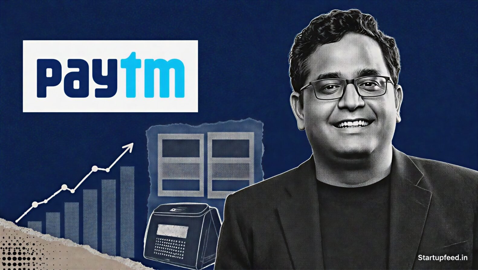 Paytm Q1 results visual with Vijay Shekhar Sharma beside the official logo and abstract profit charts