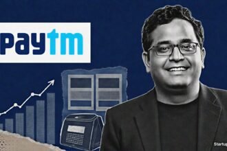 Paytm Q1 results visual with Vijay Shekhar Sharma beside the official logo and abstract profit charts