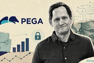 Don Schuerman discusses Pega outcome-based pricing alongside the Pegasystems logo in an editorial AI enterprise software illustration