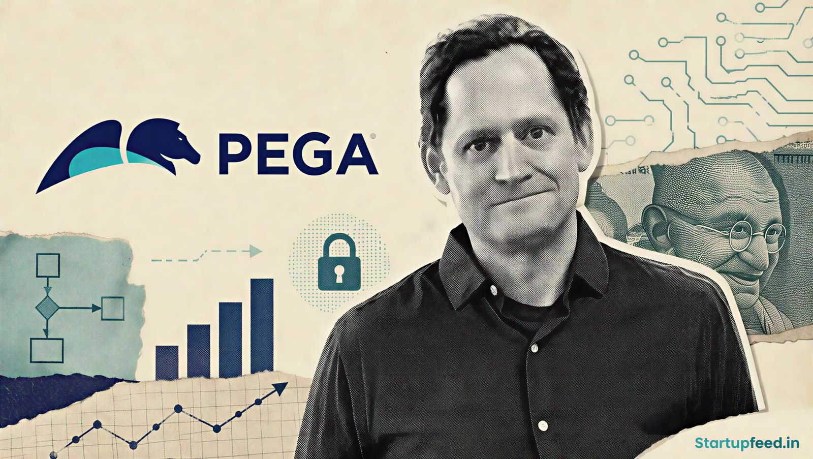Don Schuerman discusses Pega outcome-based pricing alongside the Pegasystems logo in an editorial AI enterprise software illustration