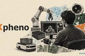 Physical AI Jobs India visualised through a halftone robotics engineer, Xpheno logo, factory automation and edge-computing motifs