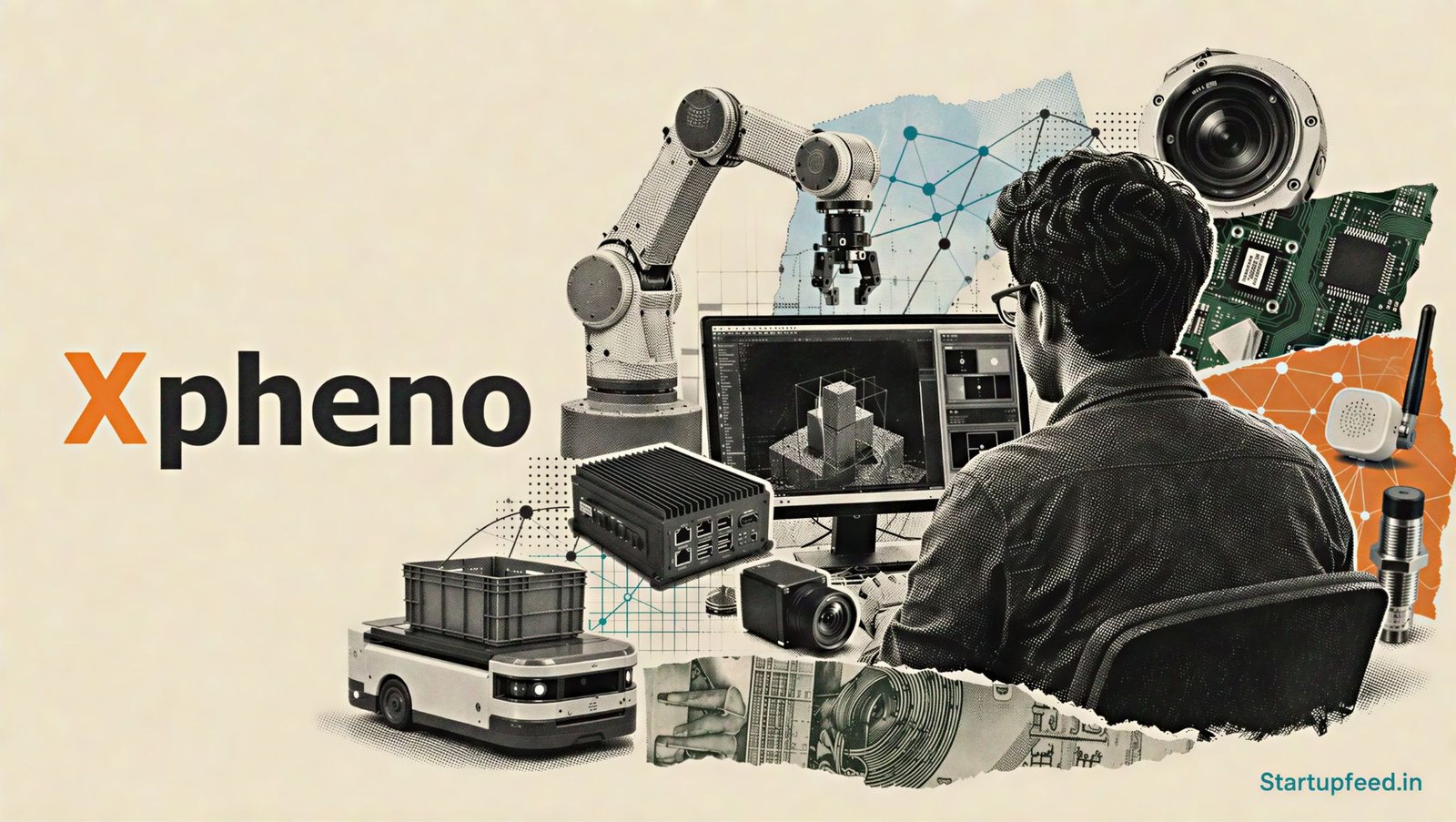 Physical AI Jobs India visualised through a halftone robotics engineer, Xpheno logo, factory automation and edge-computing motifs