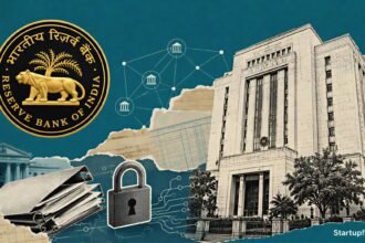 RBI Financial Stability Report visual with the RBI emblem, headquarters sketch, banking documents and a subtle cybersecurity lock motif