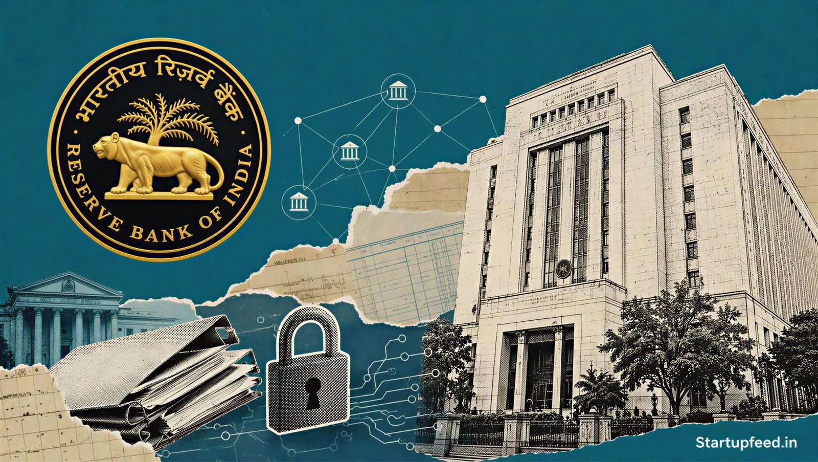 RBI Financial Stability Report visual with the RBI emblem, headquarters sketch, banking documents and a subtle cybersecurity lock motif