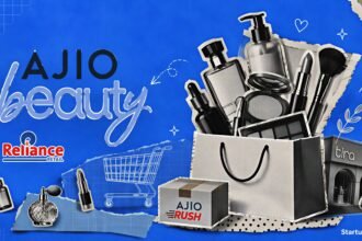 AJIO Beauty launch by Reliance Retail featuring the AJIO logo, beauty product collage, and nationwide expansion across more than 19,000 pin codes