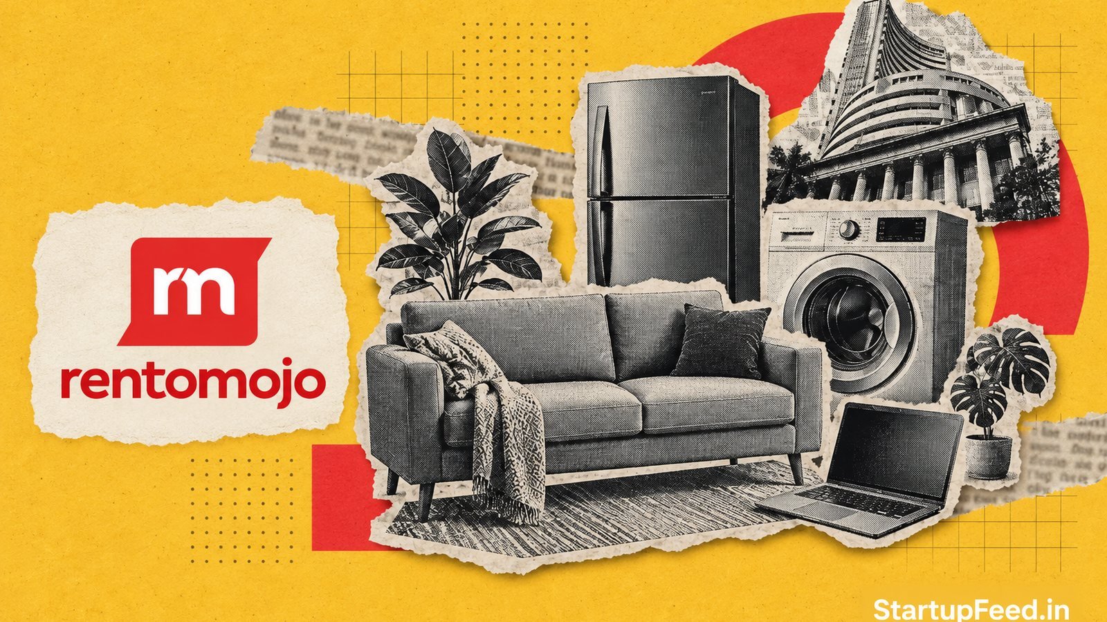 Rentomojo IPO subscription collage with the Rentomojo logo, halftone rented furniture and the stock exchange