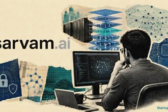 Sarvam AI trillion-parameter model visualised through a halftone researcher, Indian data infrastructure, circuits and the official company logo