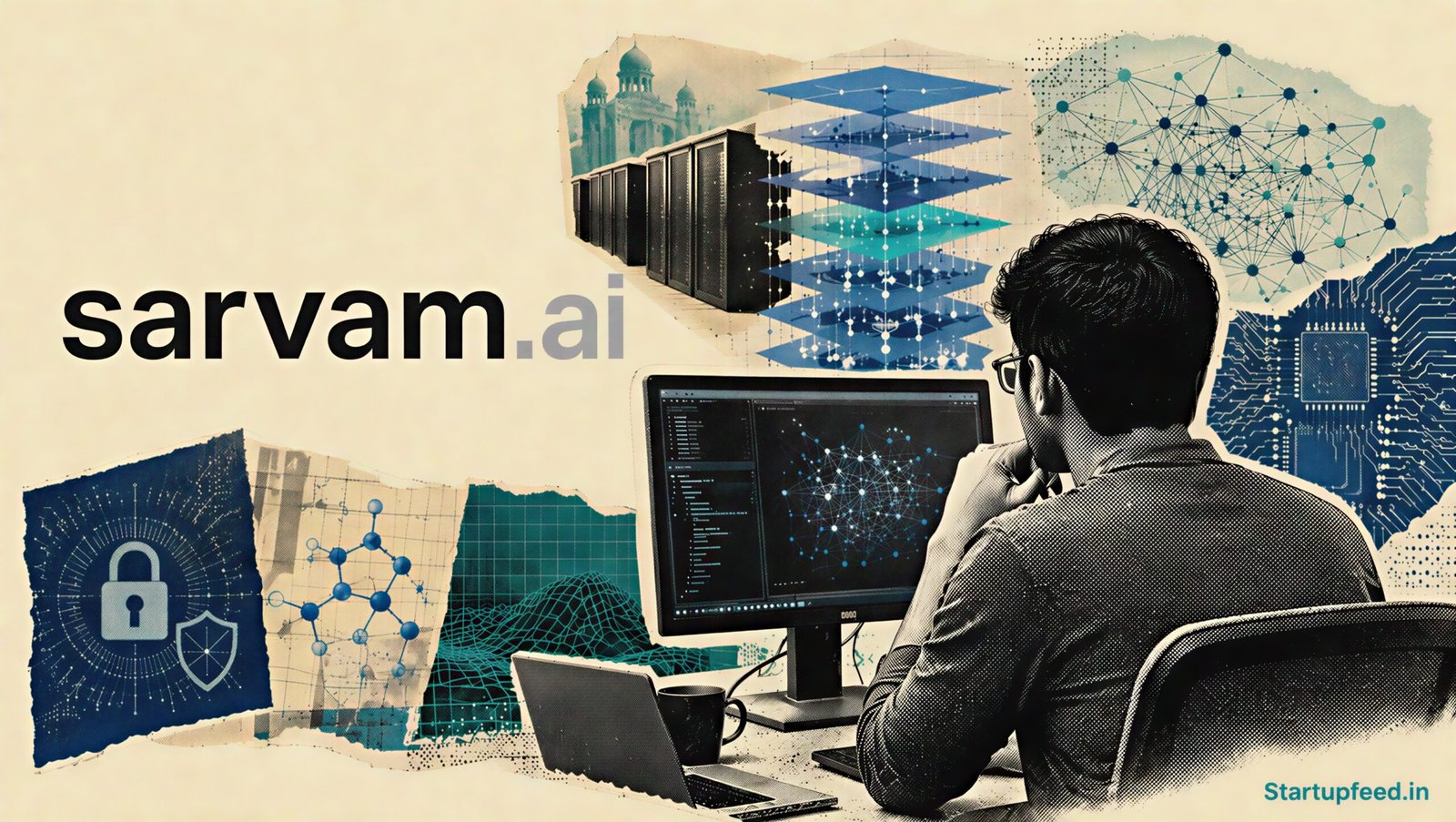 Sarvam AI trillion-parameter model visualised through a halftone researcher, Indian data infrastructure, circuits and the official company logo