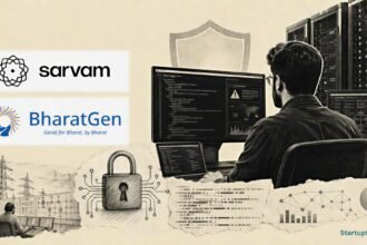 Sarvam BharatGen Mythos-Like AI Models protecting Indian critical infrastructure with official Sarvam and BharatGen logos and a cybersecurity workstation