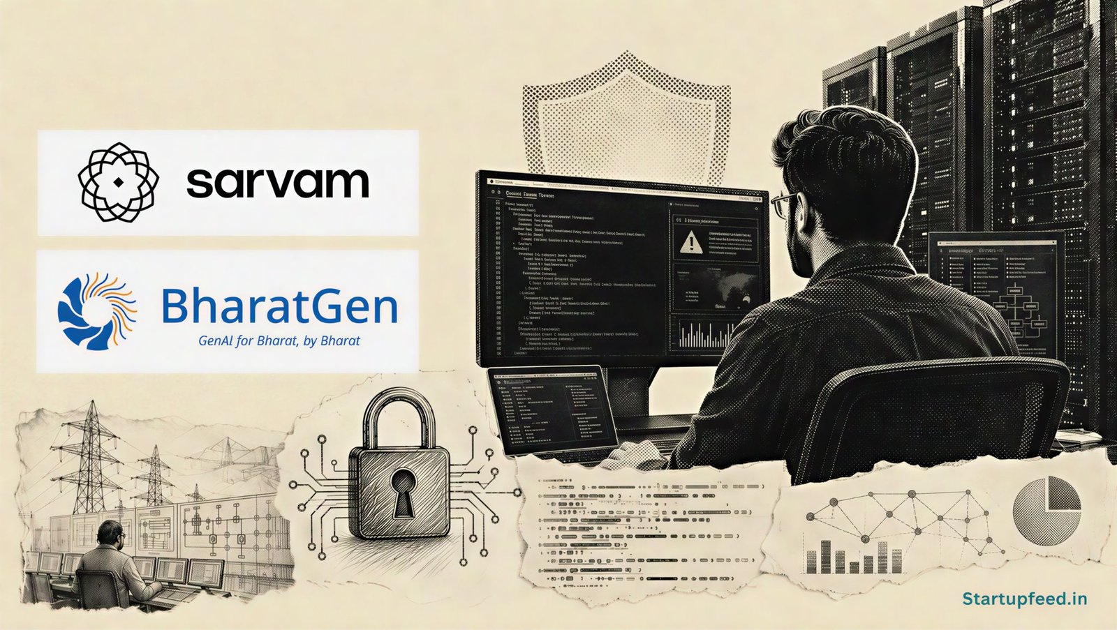 Sarvam BharatGen Mythos-Like AI Models protecting Indian critical infrastructure with official Sarvam and BharatGen logos and a cybersecurity workstation