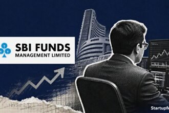 SBI Funds IPO subscribed 2.77 times in a navy halftone market collage with the official logo and BSE building silhouette