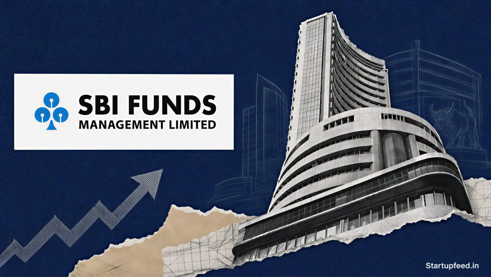 SBI Funds Management IPO editorial collage with official logo, BSE building sketch and upward market chart