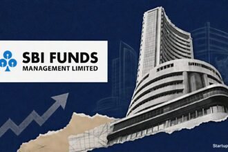 SBI Funds Management IPO editorial collage with official logo, BSE building sketch and upward market chart