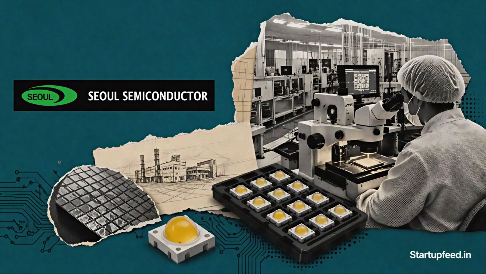 Seoul Semiconductor India plant concept with official logo, LED chip packaging line and Semicon 2.0 policy documents