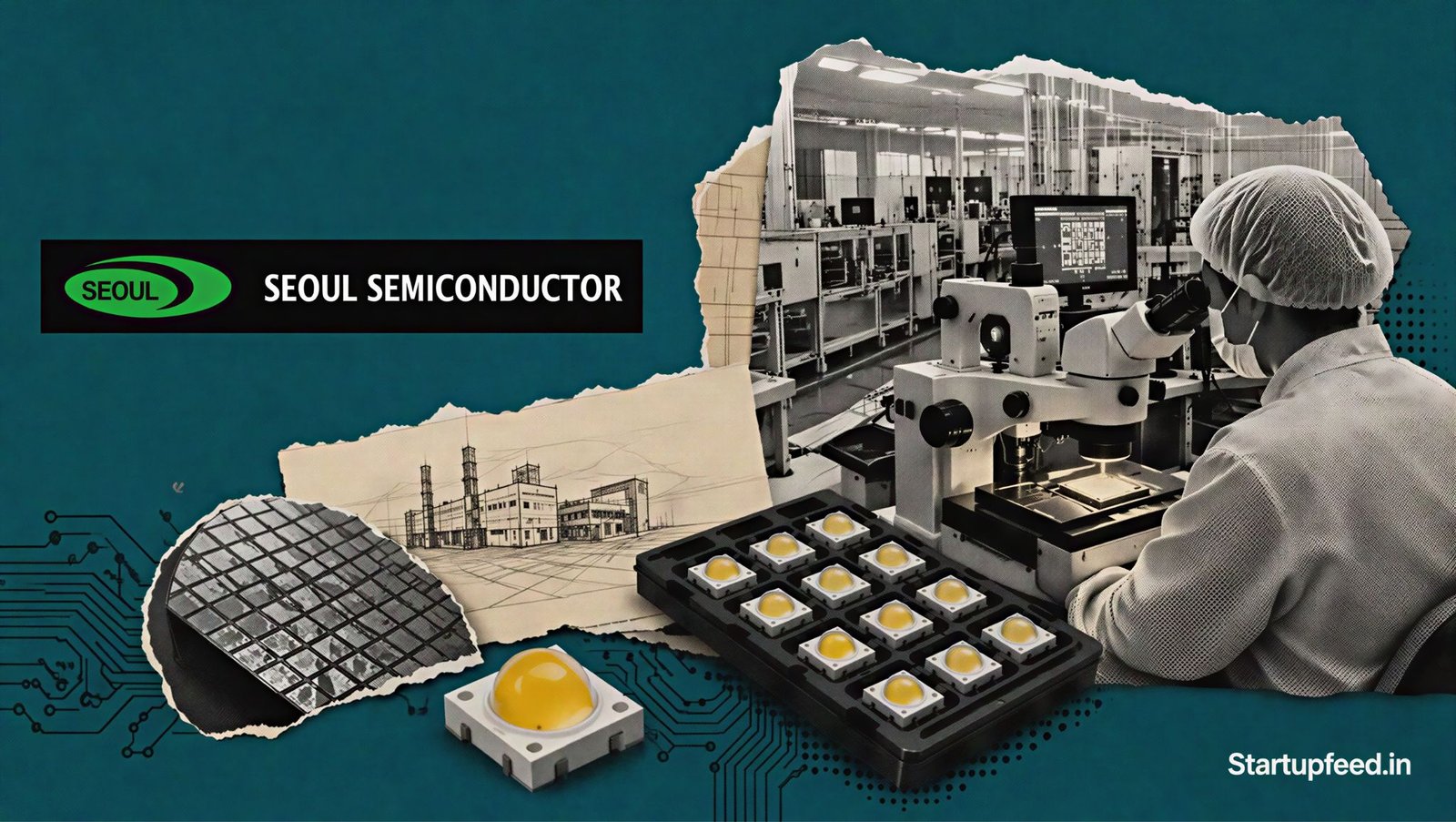Seoul Semiconductor India plant concept with official logo, LED chip packaging line and Semicon 2.0 policy documents