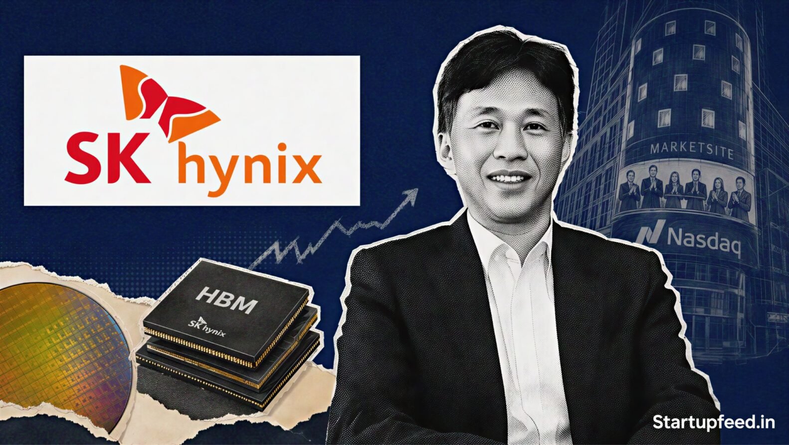 SK Hynix Nasdaq listing shown with CEO Kwak Noh-Jung, the company logo and a sketched Nasdaq MarketSite backdrop