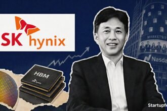 SK Hynix Nasdaq listing shown with CEO Kwak Noh-Jung, the company logo and a sketched Nasdaq MarketSite backdrop