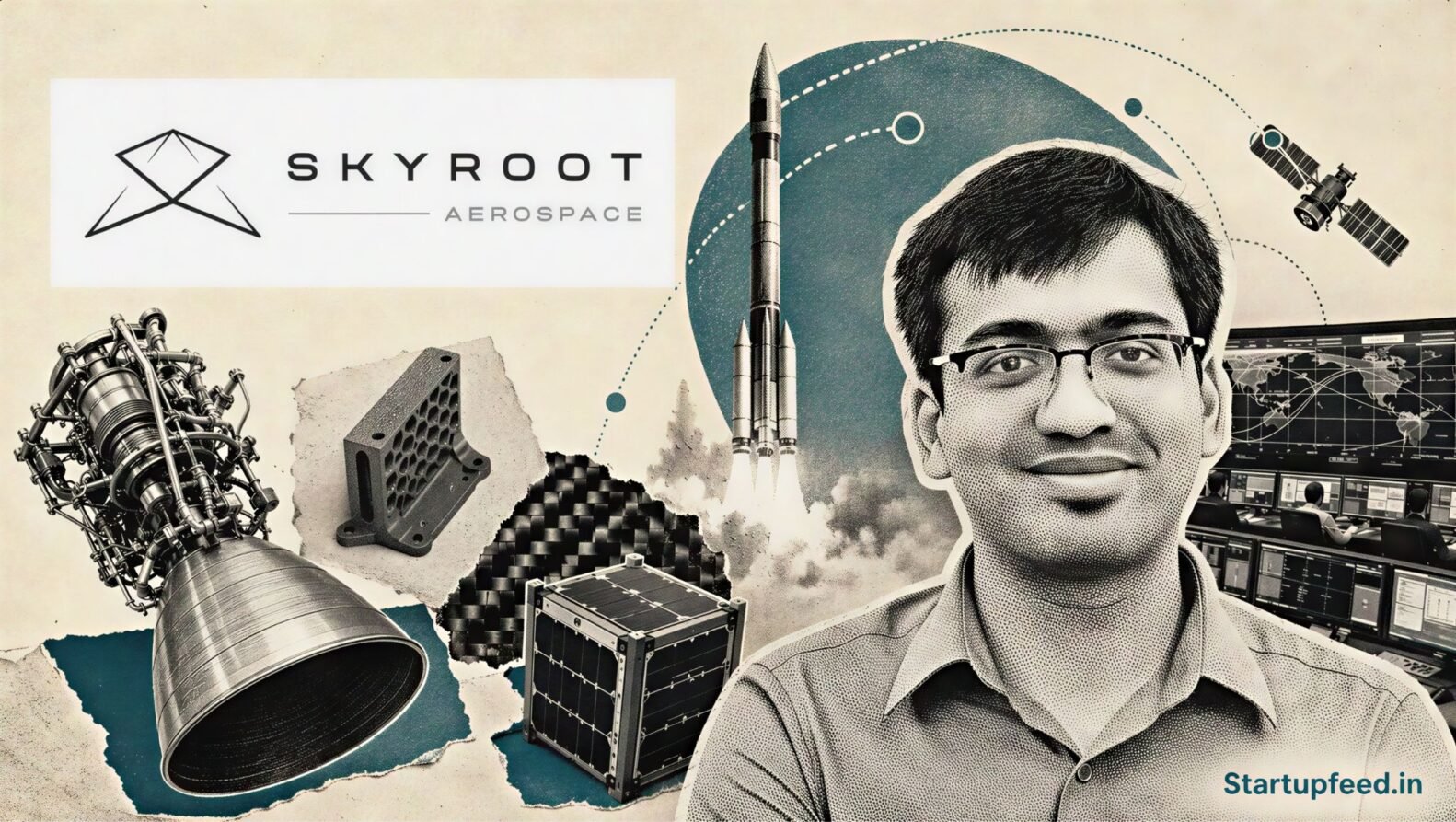 Skyroot Vikram-1 launch depicted through a halftone aerospace mission scene with the official Skyroot logo and orbital engineering elements