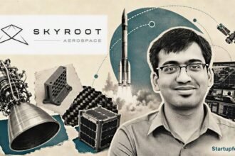 Skyroot Vikram-1 launch depicted through a halftone aerospace mission scene with the official Skyroot logo and orbital engineering elements