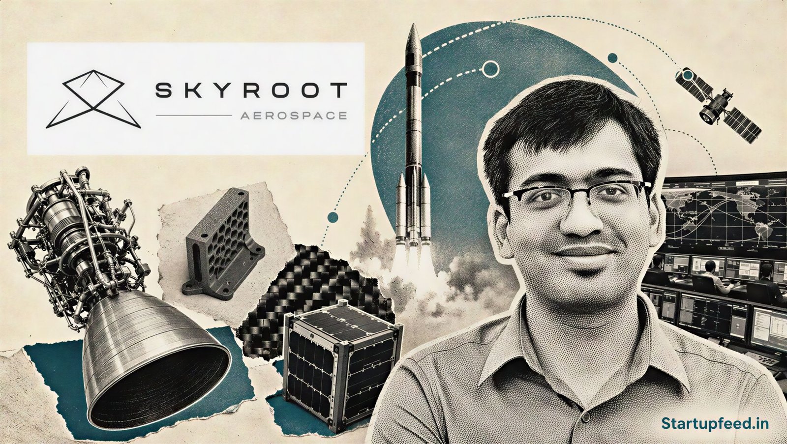 Skyroot Vikram-1 launch depicted through a halftone aerospace mission scene with the official Skyroot logo and orbital engineering elements