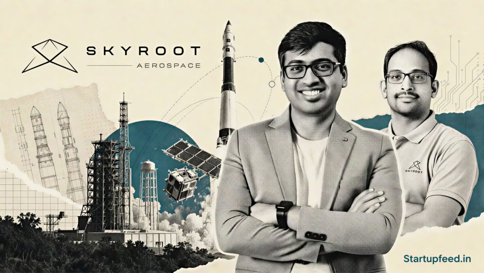 Skyroot Vikram-1 launch collage featuring Pawan Kumar Chandana, the Skyroot logo and a halftone Sriharikota orbital mission scene