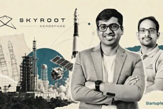Skyroot Vikram-1 launch collage featuring Pawan Kumar Chandana, the Skyroot logo and a halftone Sriharikota orbital mission scene